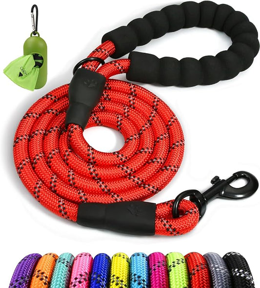 Taglory Rope Dog Leash 5 FT with Comfortable Padded Handle, Highly Reflective Threads Leash for Medium Large Dogs, 1/2 inch, Red