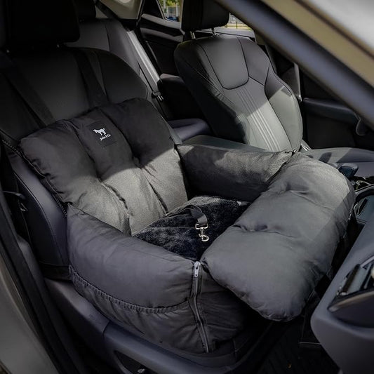 JACKO & CO - Premium Dog Car Seat v2 Firmer Booster Seat for Small Medium Pets Under 30lbs, Puppies, Cats -Travel Bed & Bag, Clip-On Leash Water Resistant (Black/Small (1-30lbs)