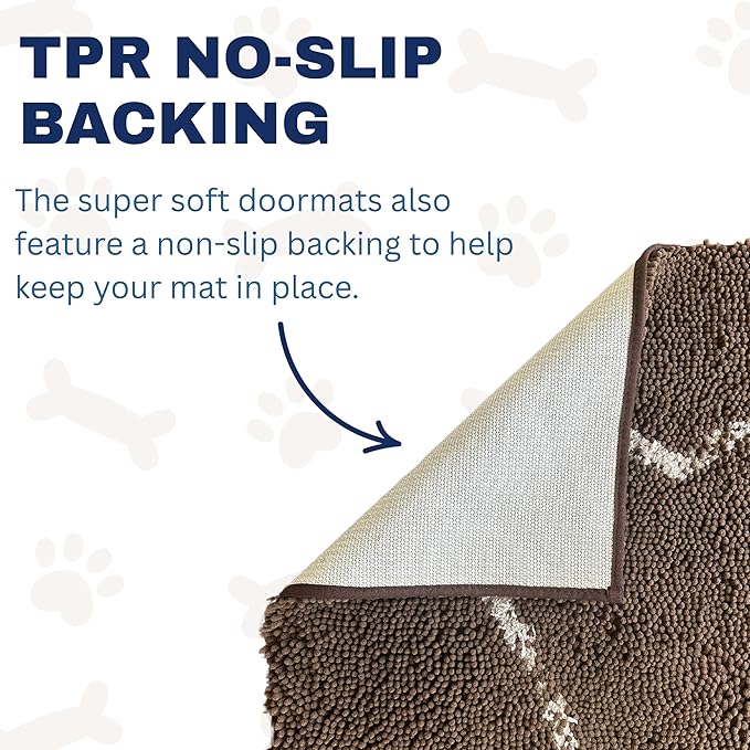 Soggy Doggy Doormat with Bone Design - Ultra Absorbent Microfiber Chenille Wet Dog Mat for Muddy Paws - Non-Slip and Machine Washable (Navy Blue/Oatmeal Bone, Large 26” x 36”)