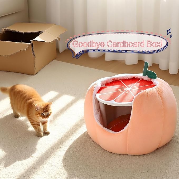 Cat Houses for Indoor Cats, Small Cat Tree with Sisal Ropes and Plush Perch, Cute Cat Bed Cave with Soft Pillow, Grapefruit Design