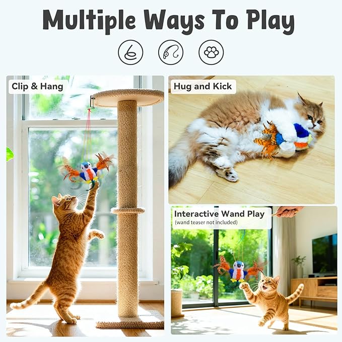 Cat Toys Rechargeable, Multi Functions Flapping Bird Parrot, Lifelike 4 Animal Sounds, Touch/Timed Automatic Activate Interactive Exercise Kicker Kitten Toys for Indoor All Breeds with Catnip