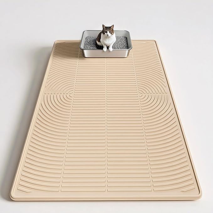Cat Litter Mat, 40" x 28" Extra Large Silicone Litter Box Mat for Floor, Pet Trapping Litter Rug Pad, Soft Cat Paws, Easy to Clean, Waterproof/Urine-Proof, Garbage Recyclable (Khaki)