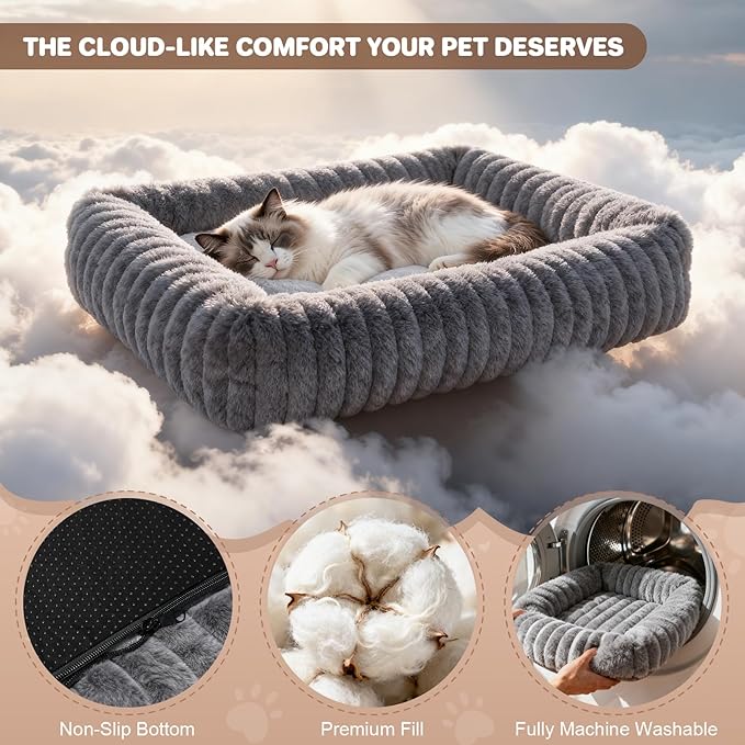 Cat Beds for Indoor Cats, Square Self Warming Cat Bed Orthopedic Pet Bed with Pillow Super Soft Rabbit Fur Small Dog Beds, Calming Plush Kitten Bed with Removable Washable Cover & Anti-Slip Bottom