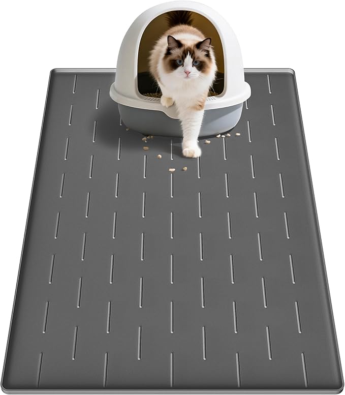 Pieviev Silicone Cat Litter Trapping Mat, 34''x22'' Large Cat Litter Mat, Easy to Clean & Soft on Kitty Paws, Waterproof Kitty Litter Pads for Indoor Cats, Dark Grey