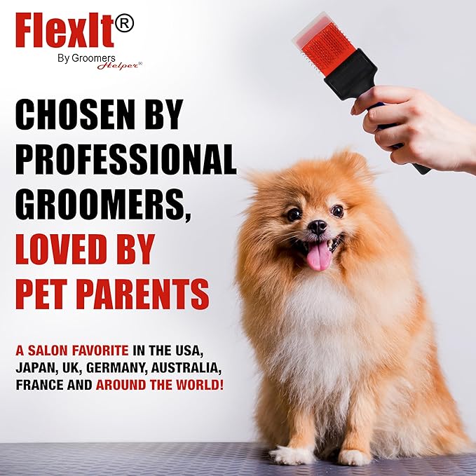 FlexIt Flexible Slicker Brush for Dogs - Professional 3-in-1 System & Video Trainings - Dual-Sided Dematting, Undercoating & Finishing Dog Grooming Brush by Groomers Helper (Double, Soft Flex)
