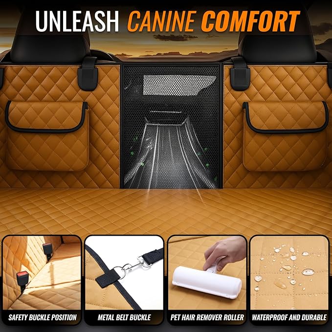 Back Seat Extender for Dogs with Waterproof Cover Hard Bottom Includes Pet Hair Remover and 2 Safety Straps Ideal for Large Cars and SUVs Perfect for Travel Road Trips Car Pet Bed Dog Seat Protector