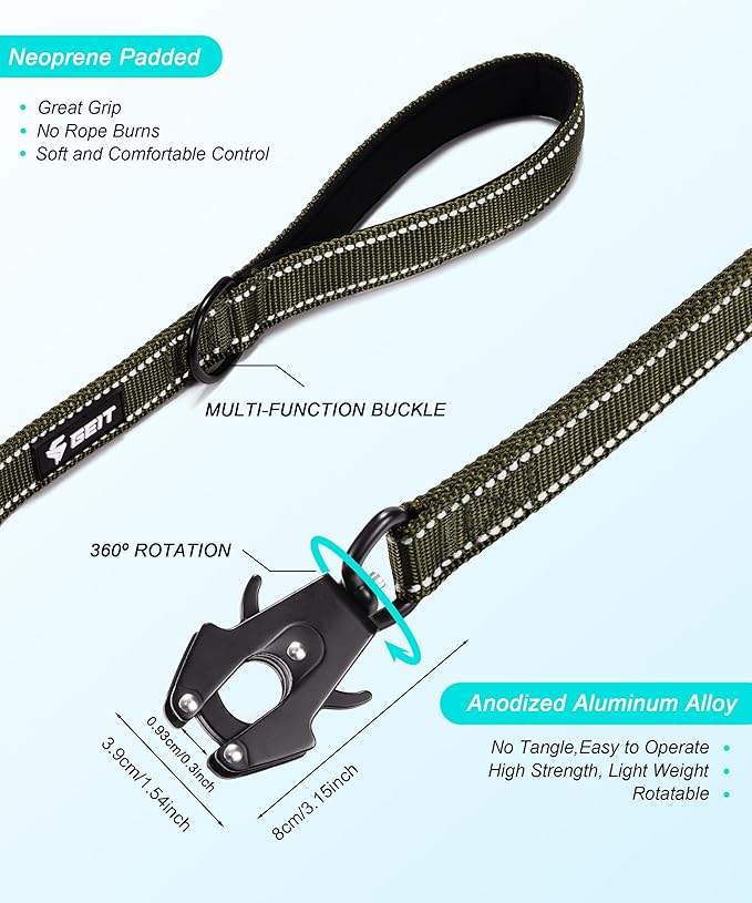 GEIT 4/5/6FT Heavy Duty Dog Leash with 2 Comfortable Padded Handles, Reflective Rope Leashes with Quick Release/Locking Tactical Frog Clip for Small Medium and Large Dogs, Army Green