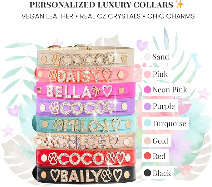 Paws Paws Miami Custom Dog Collar for Extra Small Dogs, Personalized with Name in Gold-Plated Cubic Zirconia Initials and Charm Jewels Leather Collars, Red