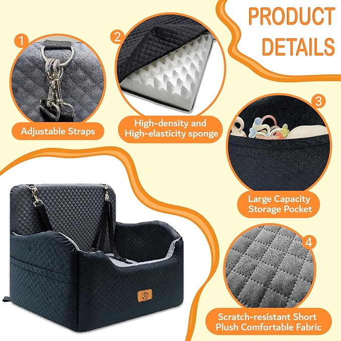 Thick High-Density Sponge Large Dog Car Seat, Comfortable Booster Seats for Large Dogs Under 65lbs,Travel Pet Beds in-Vehicle, Detachable and Washable Car Bed for Pets with 2 Adjustable Seatbelt