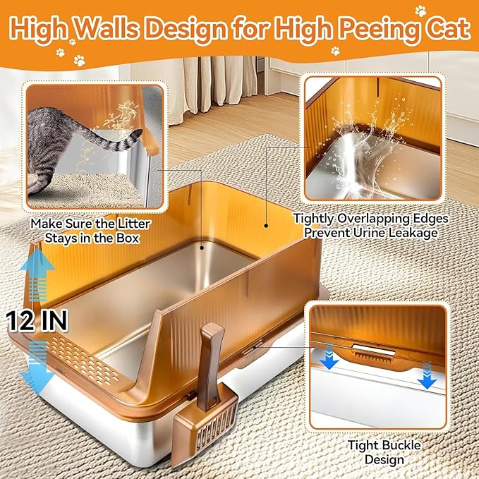 Stainless Steel Cat Litter Box, 23.6" x 15.7” x 11.8” Extra Large Semi Enclosed Litter Box for Big Cats High Sided Metal & Scoop Absorbs Odors, Anti-Urine Leakage, Non-Sticky & Easy Cleaning