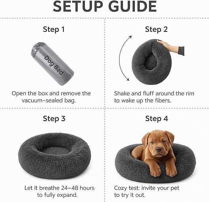 Calming Dog Bed - Fluffy Donut Cuddler for Anxiety Relief, Orthopedic Pet Bed with Non-Slip Bottom, Cozy Round Faux Fur Nest for Dogs and Cats, Plush Crate Mat for Comfort (Dark Grey, Medium)