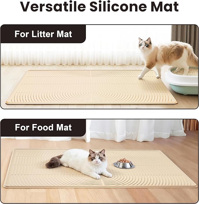 Cat Litter Mat, 40" x 28" Extra Large Silicone Litter Box Mat for Floor, Pet Trapping Litter Rug Pad, Soft Cat Paws, Easy to Clean, Waterproof/Urine-Proof, Garbage Recyclable (Khaki)