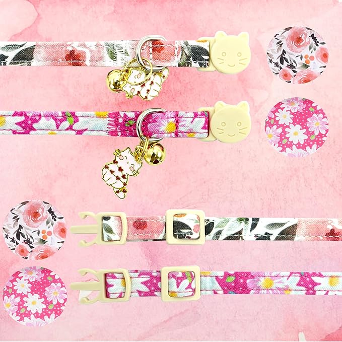 Elegant little tail 2 Pack Cat Collar-Pink Floral Print Cotton Breakaway Cat Collars with Bell Pendant Kitten Safety Adjustable Collar for Small Cats Puppy