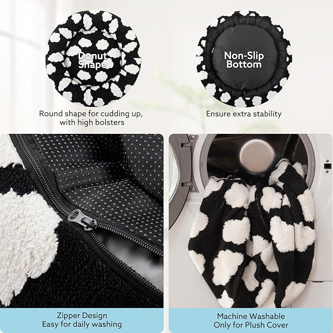 JOEJOY Donut Cat Beds for Indoor Cats, Round Calming Small Dog Bed with Removable Washable Cover, Orthopedic Cute Puppy Kitten Pet Bed with Jacquard Shaggy Plush & Non Skid Bottom, Black