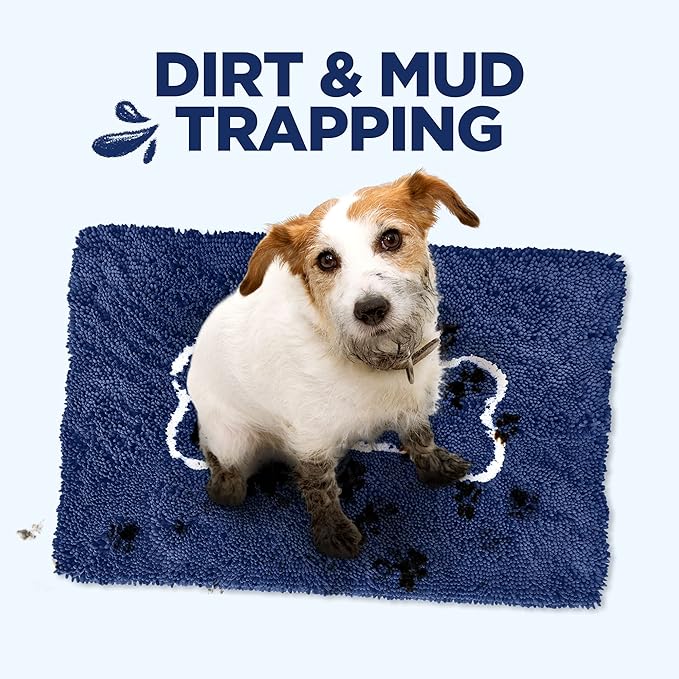Soggy Doggy Doormat with Bone Design - Ultra Absorbent Microfiber Chenille Wet Dog Mat for Muddy Paws - Non-Slip and Machine Washable (Navy Blue/Oatmeal Bone, Large 26” x 36”)