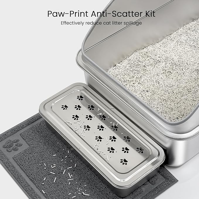 KPWACD Enclosed Stainless Steel Cat Litter Box with Lid, XL Extra Large Non-Stick Metal Litter Pan for Big Cats, High-Sided Kitten Toilet Enclosure, Non-Stick, Anti-Leakage, Easy Cleaning