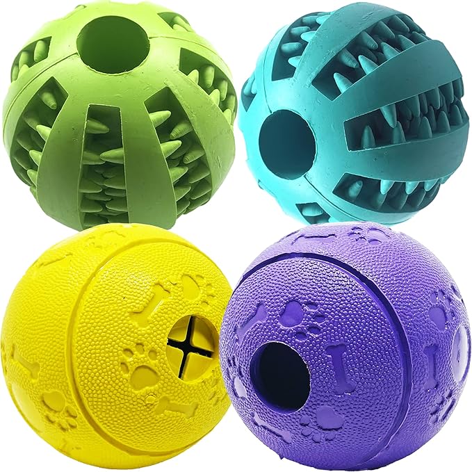 Jalousie Dog Puzzle Balls Dog Treat Dispensing Balls Non-Toxic Natural Rubber Dog Chew Toys for Puppy Pet Dog Teething Puzzle Playing Treat Dispenser Rope Balls (Large 4 Pack)