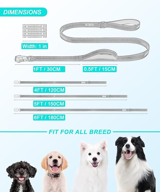 GEIT 4/5/6FT Heavy Duty Dog Leash with 2 Comfortable Padded Handles, Reflective Rope Leashes with Quick Release/Locking Tactical Frog Clip for Small Medium and Large Dogs, Army Green