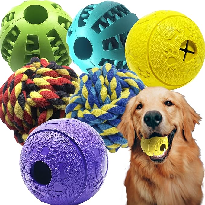 Jalousie Dog Puzzle Balls Dog Treat Dispensing Balls Non-Toxic Natural Rubber Dog Chew Toys for Puppy Pet Dog Teething Puzzle Playing Treat Dispenser Rope Balls (Large, 6 Pack Assorted)