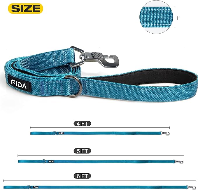 Fida 6 FT Heavy Duty Dog Leash with 2 Comfortable Padded Handles, Traffic Handle & Advanced Easy Snap Hook, Reflective Walking Lead for Large, Medium & Small Breed Dogs, Blue