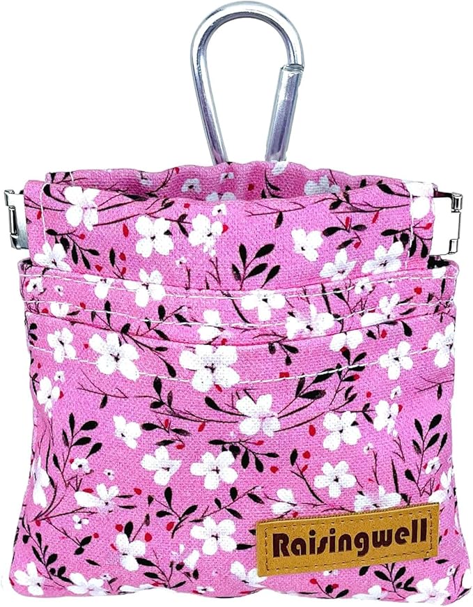 Dog Treat Pouch, Small Cotton Pocket Sized Training Holder, Hand Free Walking Fanny Bag with Carabiner, Self-Closing Pet Feed Snack Reward, Behavior Aids for Puppy Travel or Outdoor Use