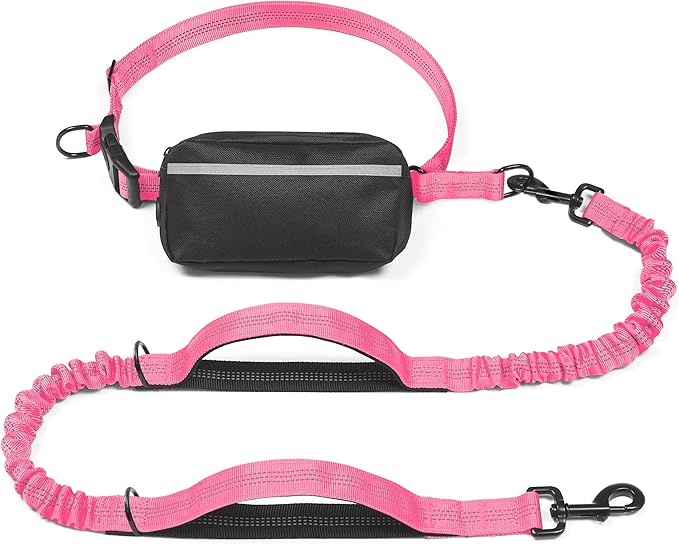iYoShop Hands Free Dog Leash with Zipper Pouch, Dual Padded Handles and Durable Bungee for Walking, Jogging and Running Your Dog (Medium, 8-25 lbs, Pink)