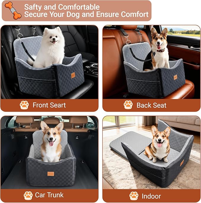 2 in 1 Dog Car Seat Bed for Small/Medium Dogs Up to 35 lbs, Travel Dog Booster Seat with Memory Foam Thick Cushion, Safety Belts&Storage Pockets, Removable Washable Bed Fits Front or Back Seat