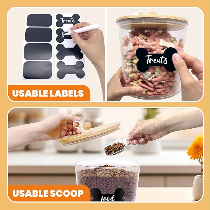 3 Pack Airtight Dog Food Storage Container, Dog Treat Container Dog Food Containers with Bamboo Lids 8x7''&6x5'',Pet Food Storage Container,Cat Food Container with Scoops,Clamp,Labels,Pen