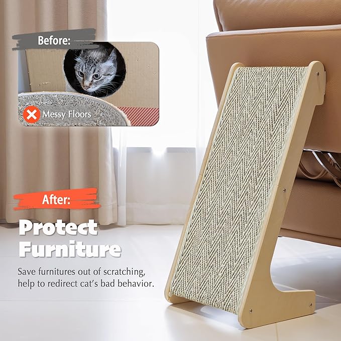 PETKARAY L Shape Cat Scratcher, Sisal Kitty Scratching Ramp, Vertical Scratch Pad for Indoor Cats, 25.4" Furniture Protector with Catnip, Chevron