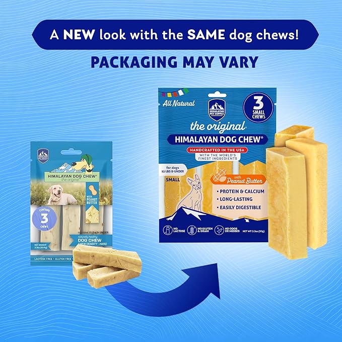 Himalayan Chew Original Yak Cheese Chew, Peanut Butter, 3 Small Sticks, 3.3 Oz, Gluten Free, Healthy Treats, Grain & Lactose Free 100% Natural, Long Lasting Chews for s Under 15 lbs