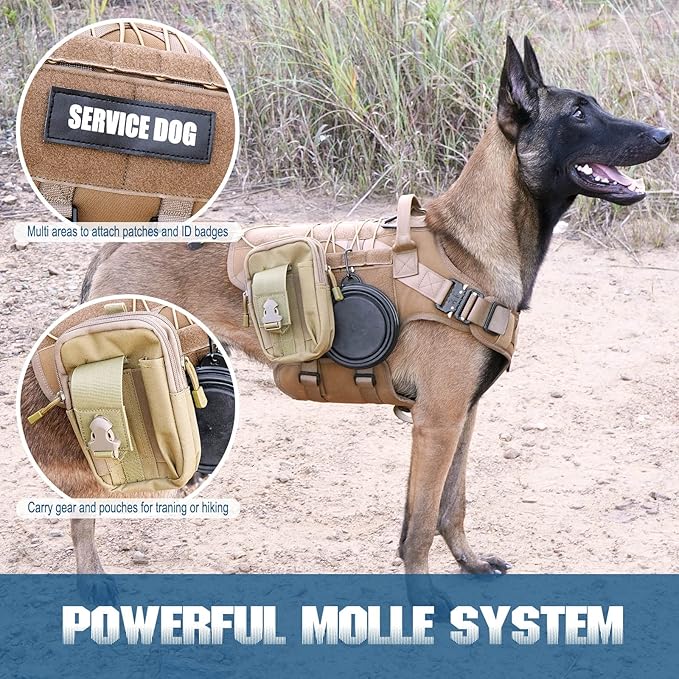 PETNANNY Tactical Service Dog Vest - No-Pull Emotional Support Harness with Hook & Loop Patches & Molle System for Training & Hunting (Khaki, Medium)