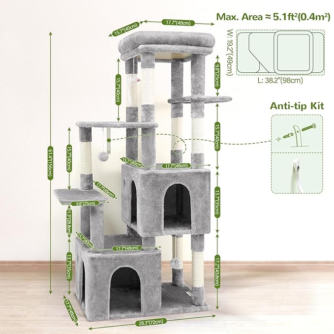 Globlazer Cat Tower for Indoor Cats, Heavy Duty Cat Trees for Large Cats Adult Big Cats Maine Coon Cat Tree Tower with Scratching Post, Extra Large Top Perch, Cat Condos, F61, Light Grey, 61inch