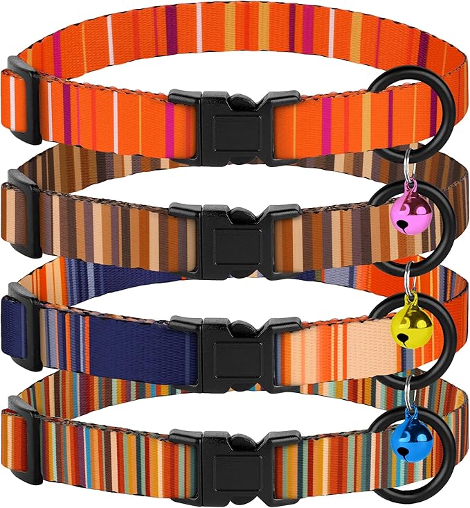 4PCS Breakaway Cat Collars with Bell - Cute Soft Adjustable Safety Kitten Collars 4-Pack - Nylon Pet Collars Nature Tribal Striped Floral Space Aztec Flowers Print (Striped)