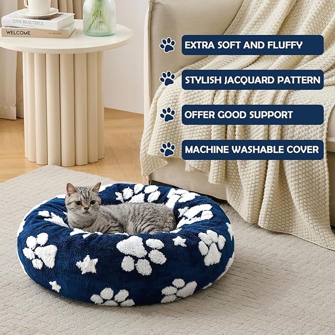 Donut Dog Beds for Small Dogs, Calming Round Cat Beds for Indoor Cats, Cute 3D Textured Paw Pet Bed with Removable Washable Cover and Anti-Slip Bottom（Navy Blue，20"）