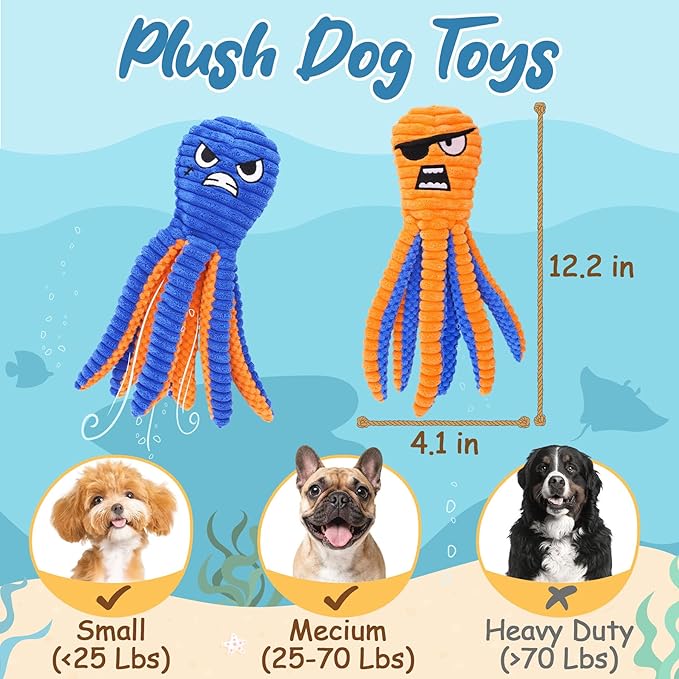 Zeaxuie Dog Toys for Aggressive Chewers, 2 Pack No Stuffing Interactive Dog Toys for Teething, Squeaky Chew Toy to Keep Them Busy for Small and Medium Breed, Crinkle Octopus