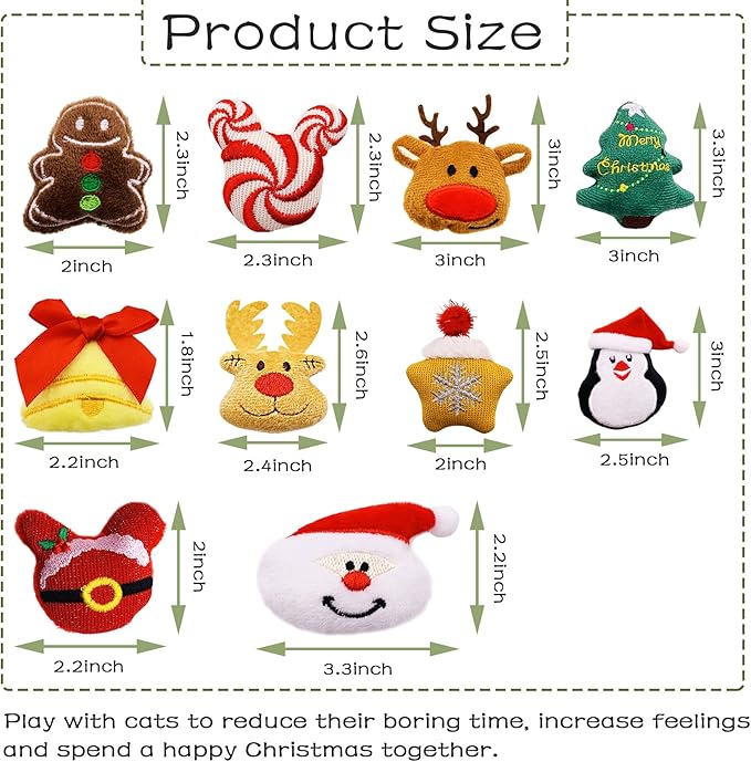 10 Pcs Christmas Cat Catnip Toys for Indoor Cats Interactive Xmas Plush Stuffed Kitten Chew Bite Kick Toys Kitty Playing Relieve Stress Cat Lovers