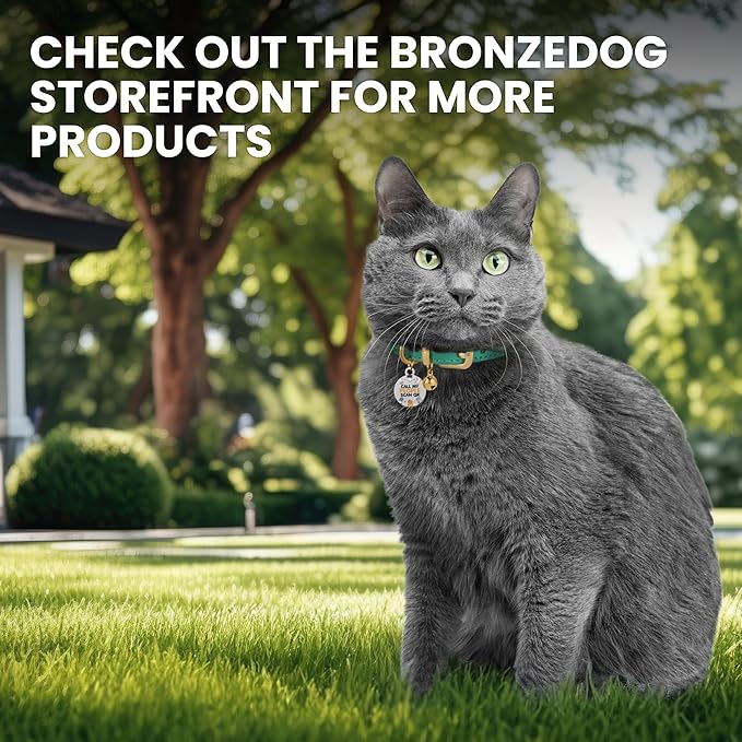 BRONZEDOG Leather Cat Collar with Removable Bells Non Breakaway Kitten QR Tag for Girl Boy (9" - 12" Cats/Mini Dogs, Green & Gold)
