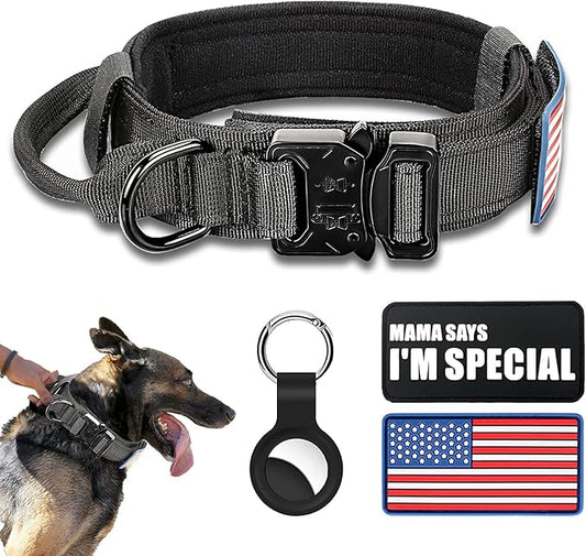 Tactical Dog Collar Military Dog Collar Adjustable Nylon Dog Collar Heavy Duty Metal Buckle with Handle for Dog Training,with Patches (XL, Black)