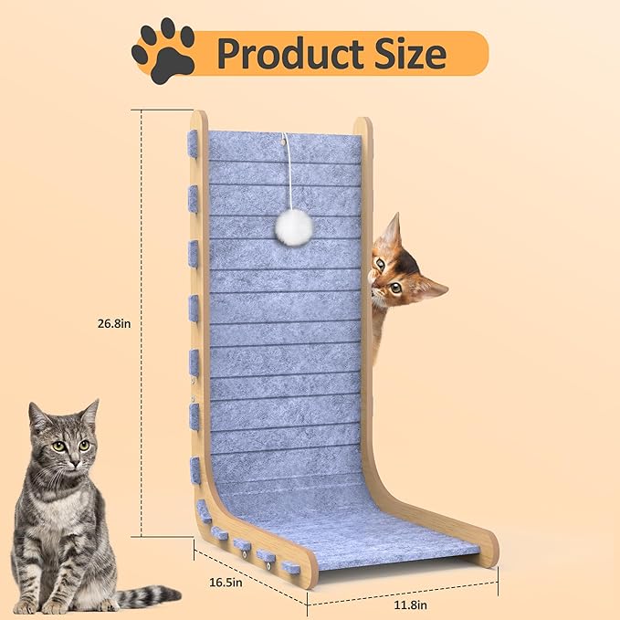 Felt Cat Scratcher for Indoor Cats, 26.8 Inches L Shape Scratching Board Vertical Cat Scratch Post with Fluffy Ball Hanging, Scratch Resistant Felt Cat Scratching Pad, Blue