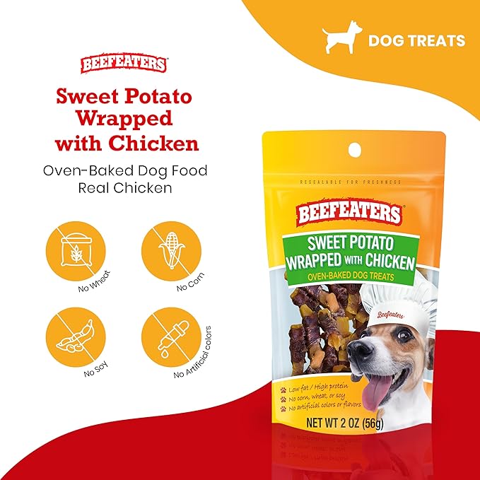 Beefeaters Sweet Potato Wrap with Chicken – Dog Treat. No Corn, Wheat, Soy or Gluten, Low Fat, Whole Muscle Jerky, Ideal for Training & Snacks