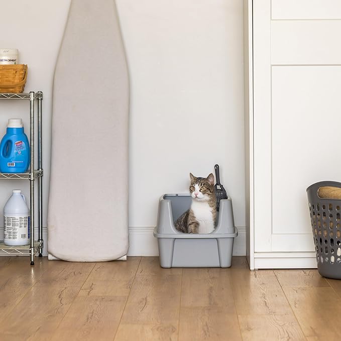 IRIS USA Large Cat Litter Box with Scatter Shield and Scoop, Open Top High Sided Cat Litter Pan, Silver