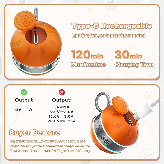 Speedy 2.0 Tail Interactive Cat Toys for Bored Indoor Adult Cats,Rechargeable Automatic Cat Toy Ball Self Moving Chirping,Christmas Cat Toys Balls for Kitten Enrichment Exercise Essentials(Orange)