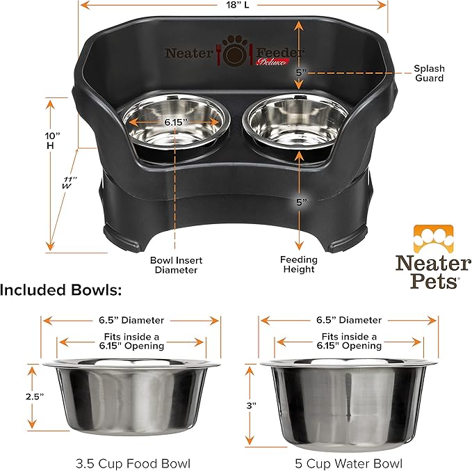 Neater Pet Brands Neater Feeder Deluxe Mess Proof Dog Bowls Elevated for Medium Dogs 19-40 lbs, Made in USA, No Spill Raised Dog Food Bowl Stand Feeding Station, Food and Water Bowl Set, Black