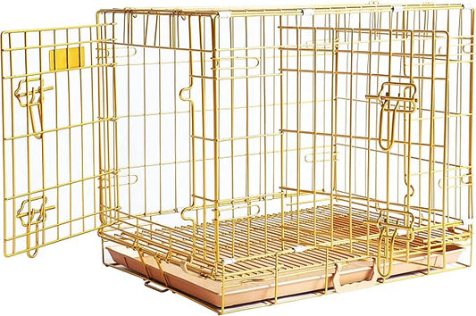 HOMEY PET 24" Gold Color Folding Design Dog Crate Puppy Ertra Small Breed Dog Kennels with Removable Floor Grid and Pull Out Tray, Dog Cage Copper Gold Finish