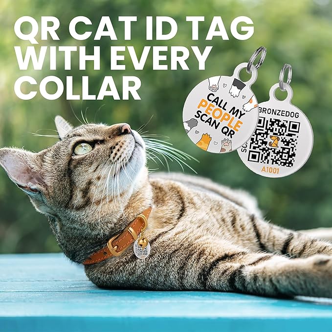 BRONZEDOG Leather Cat Collar with Removable Bells Non Breakaway Kitten QR Tag for Girl Boy (7" - 9" for Cats, Dark Brown & Gold)