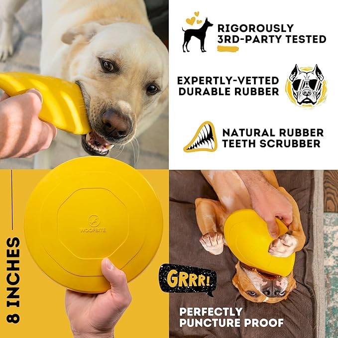 "Indestructible Dog Disc - Lifetime Replacement - Medium & Large Breed - Ultra Durable for Aggressive Chewers - Tough & Strong, Heavy Duty Natural Rubber Toy - Fetch, Tug, & Chew - 8in