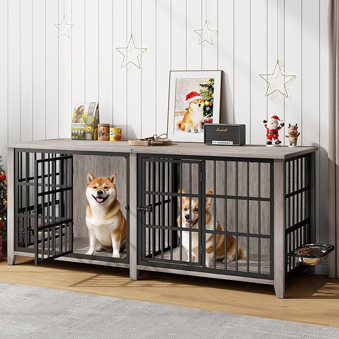 Lulive 78" Dog Crate Furniture for 1 Large or 2 Small/Medium, Extra Large Dog Kennel Indoor with Removable Divider & Adjustable Height Dog Bowls, Heavy Duty Wooden Double Dog Cage as TV Stand, Grey