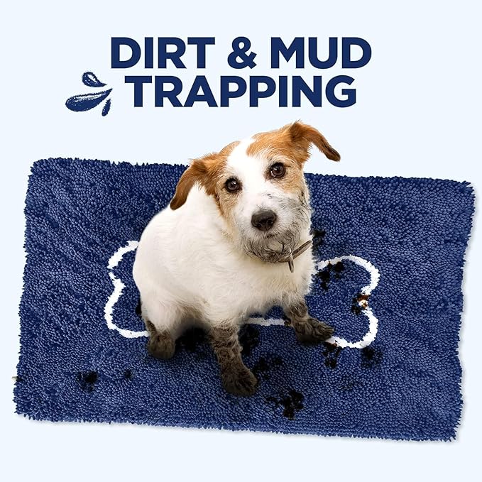 Soggy Doggy Doormat with Bone Design - Ultra Absorbent Microfiber Chenille Wet Dog Mat for Muddy Paws - Non-Slip and Machine Washable (Navy Blue/Oatmeal Bone, Extra-Large 36” x 60”)