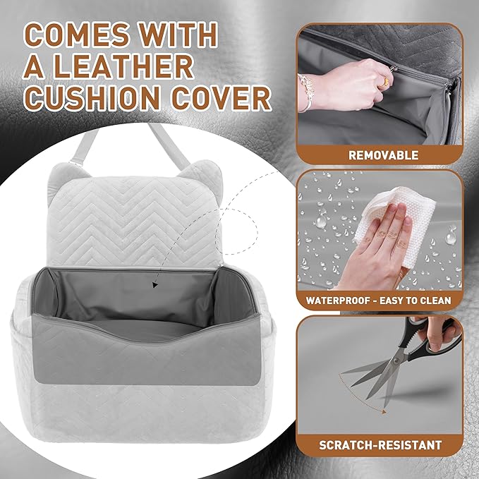 Dog Car Seat for Small Medium Dog Bed with Waterproof Cover Pet Car Booster Seat with Memory Foam for Travel, Grey, 2 Safety Belt