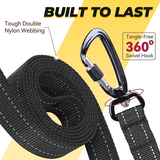 VIVAGLORY Dog Leash Lighthook Double Handle Dog Leash with Traffic Handle & Locking Carabiner for Walking & Training, Traffic Control Lightweight Carabiner for Puppy Pet, 6ft x 1in, Black